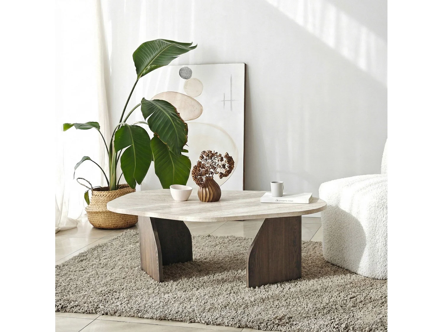 "Rock" Trä Kaffebord - Travertin/Nötbjörk - 100 x 60 x 35 cm - Elegant Arbetsplats Tillägg