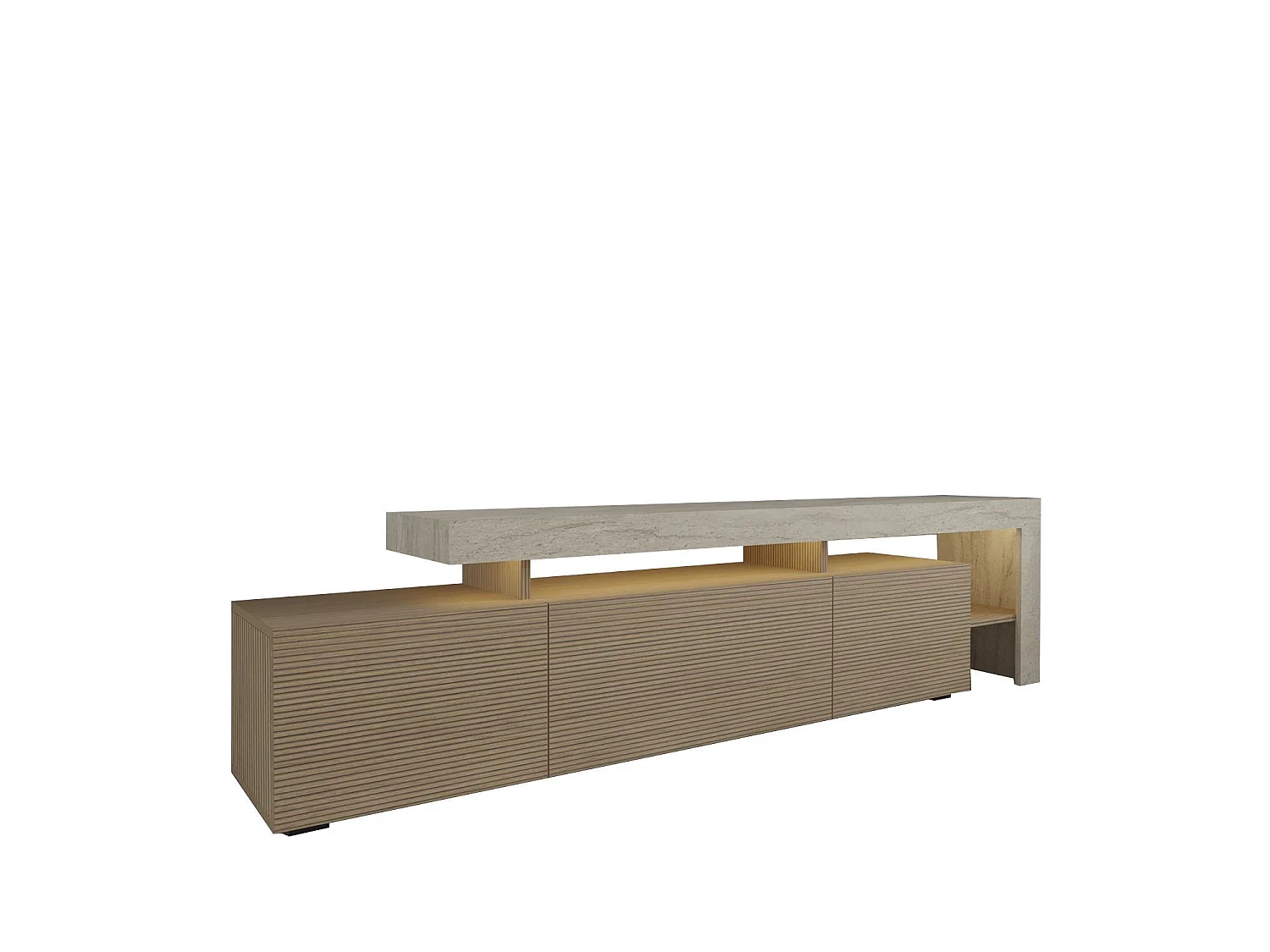 Beliz Trä-TV-bänk med LED-belysning - Beige Travertin och Varm Ek - 192 x 37 x 53 cm