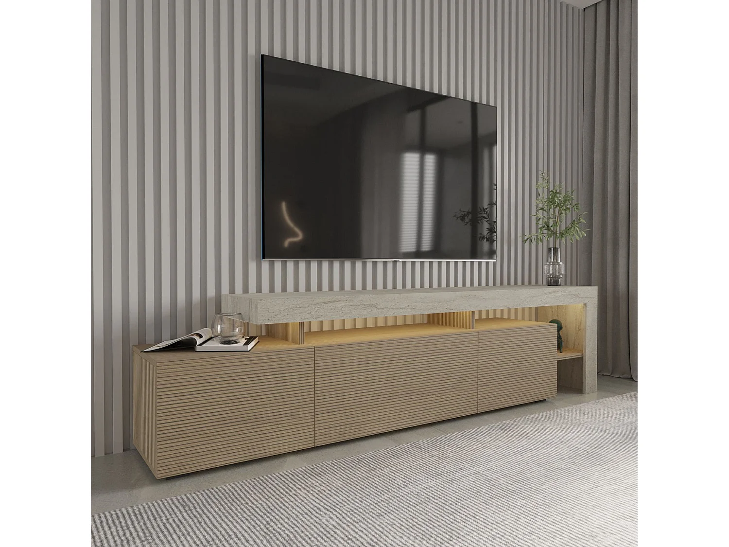 Beliz Trä-TV-bänk med LED-belysning - Beige Travertin och Varm Ek - 192 x 37 x 53 cm