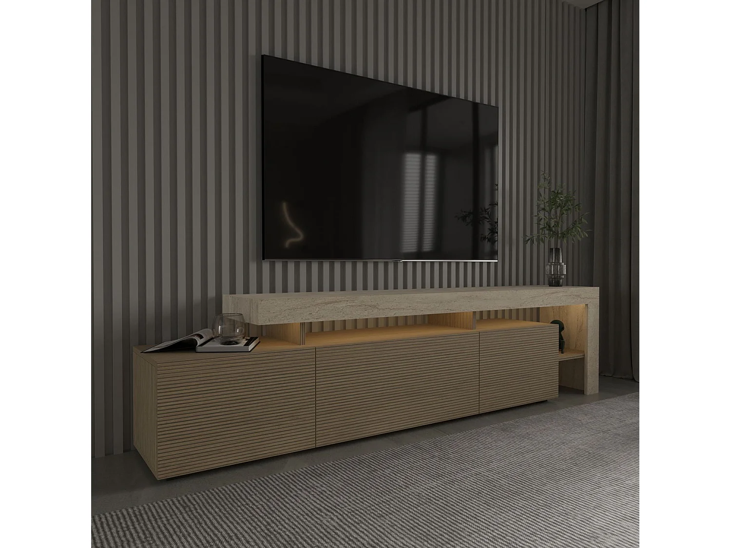 Beliz Trä-TV-bänk med LED-belysning - Beige Travertin och Varm Ek - 192 x 37 x 53 cm