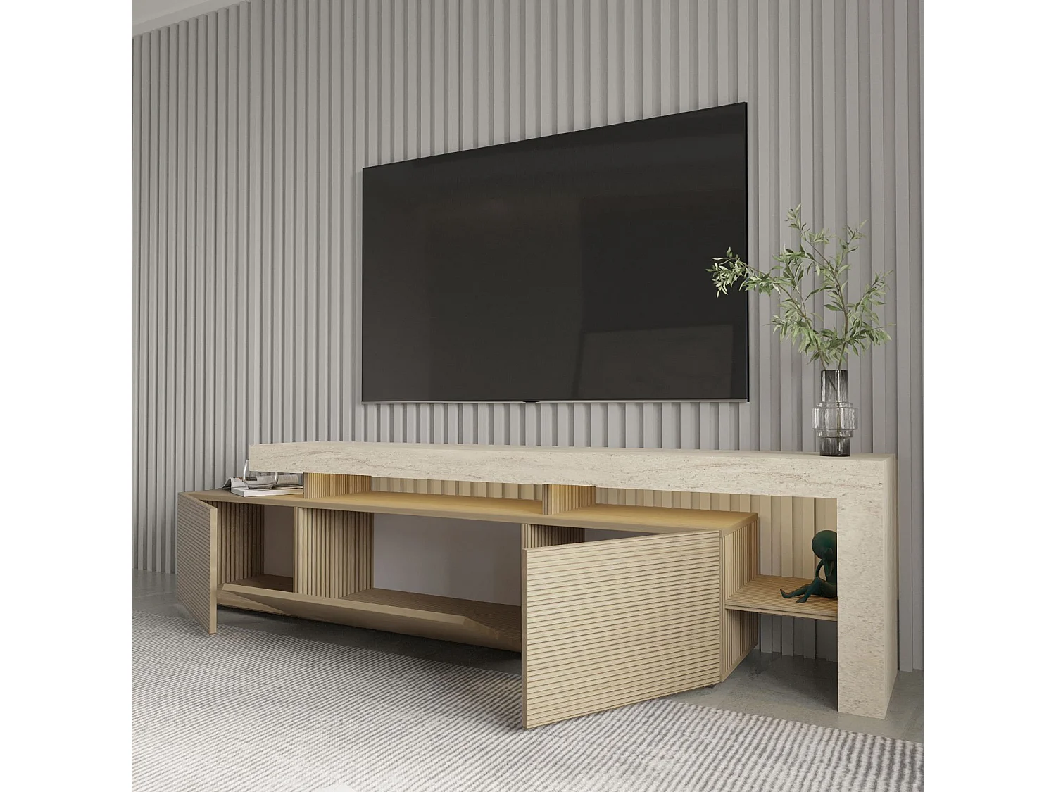 Beliz Trä-TV-bänk med LED-belysning - Beige Travertin och Varm Ek - 192 x 37 x 53 cm
