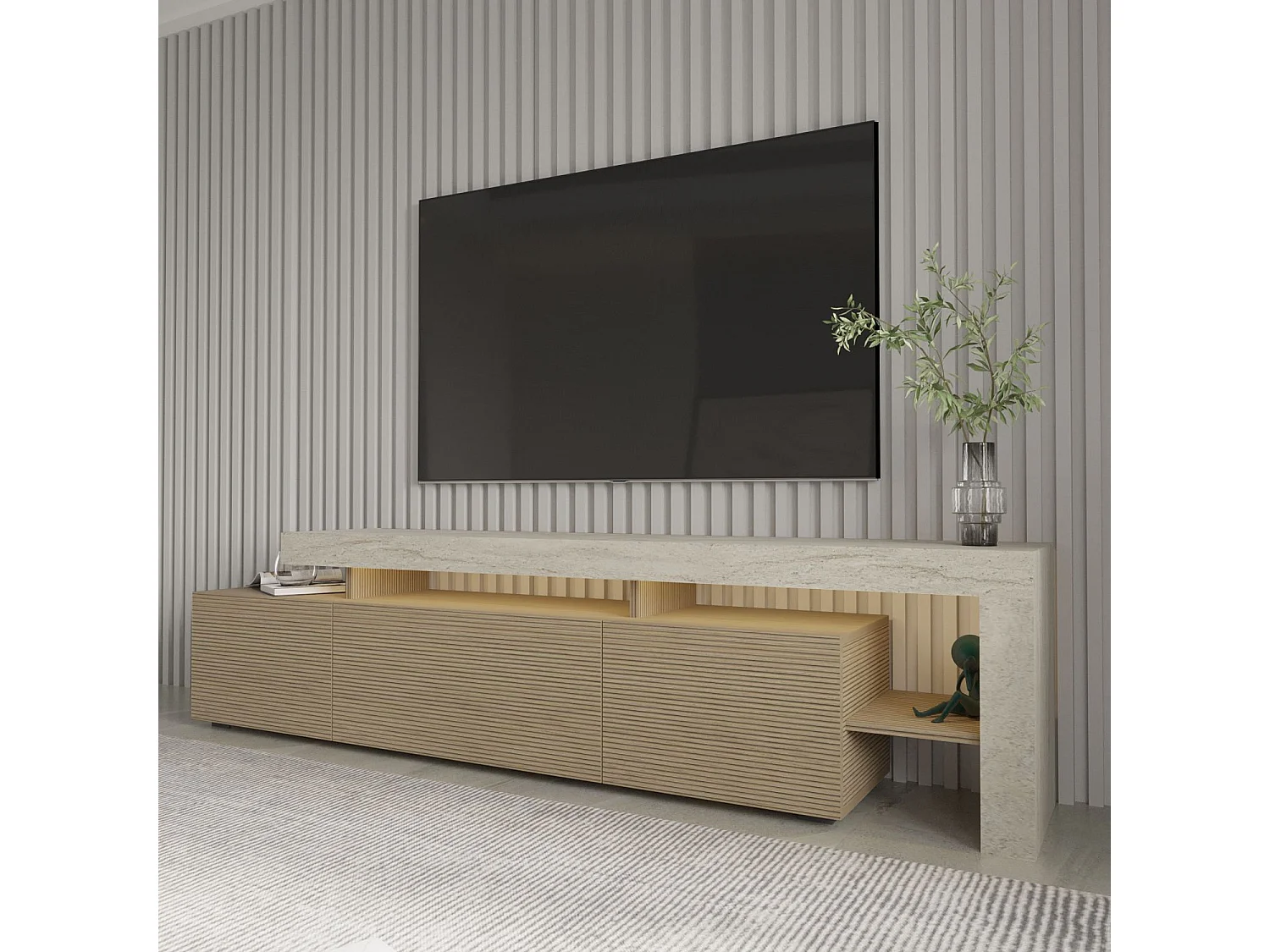 Beliz Trä-TV-bänk med LED-belysning - Beige Travertin och Varm Ek - 192 x 37 x 53 cm