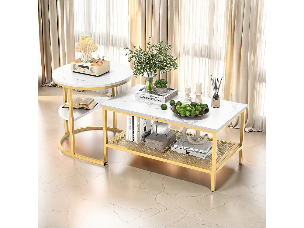 Table latérale 2 en 1 - Top en marbre blanc - avec cadre en métal et étagère d'espace de stockage - or