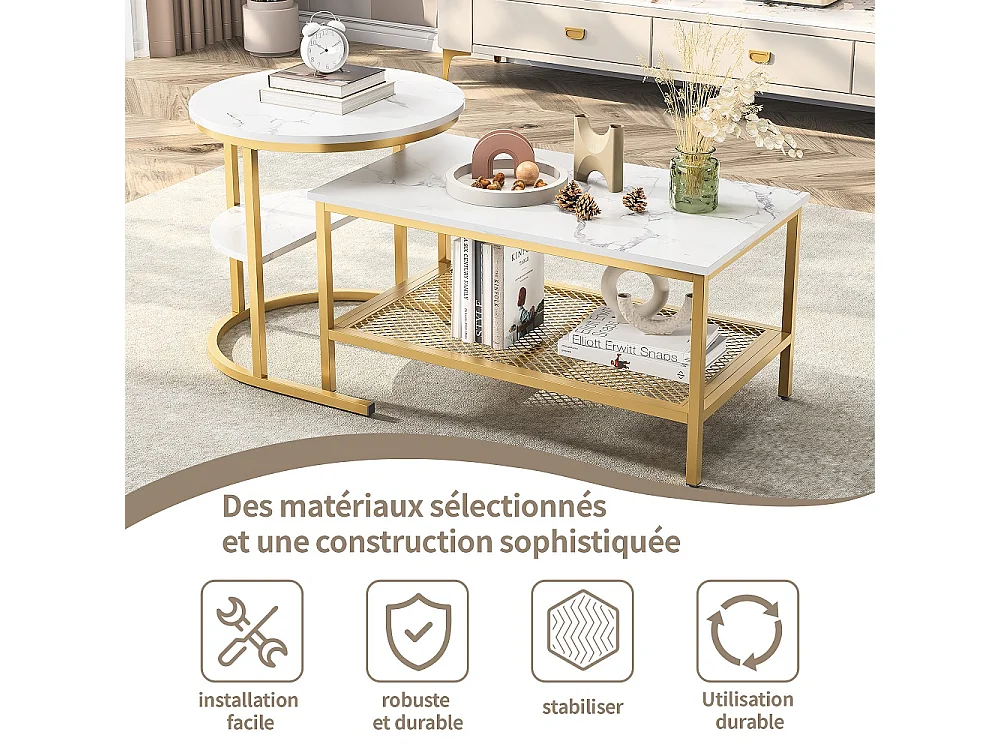 Table latérale 2 en 1 - Top en marbre blanc - avec cadre en métal et étagère d'espace de stockage - or