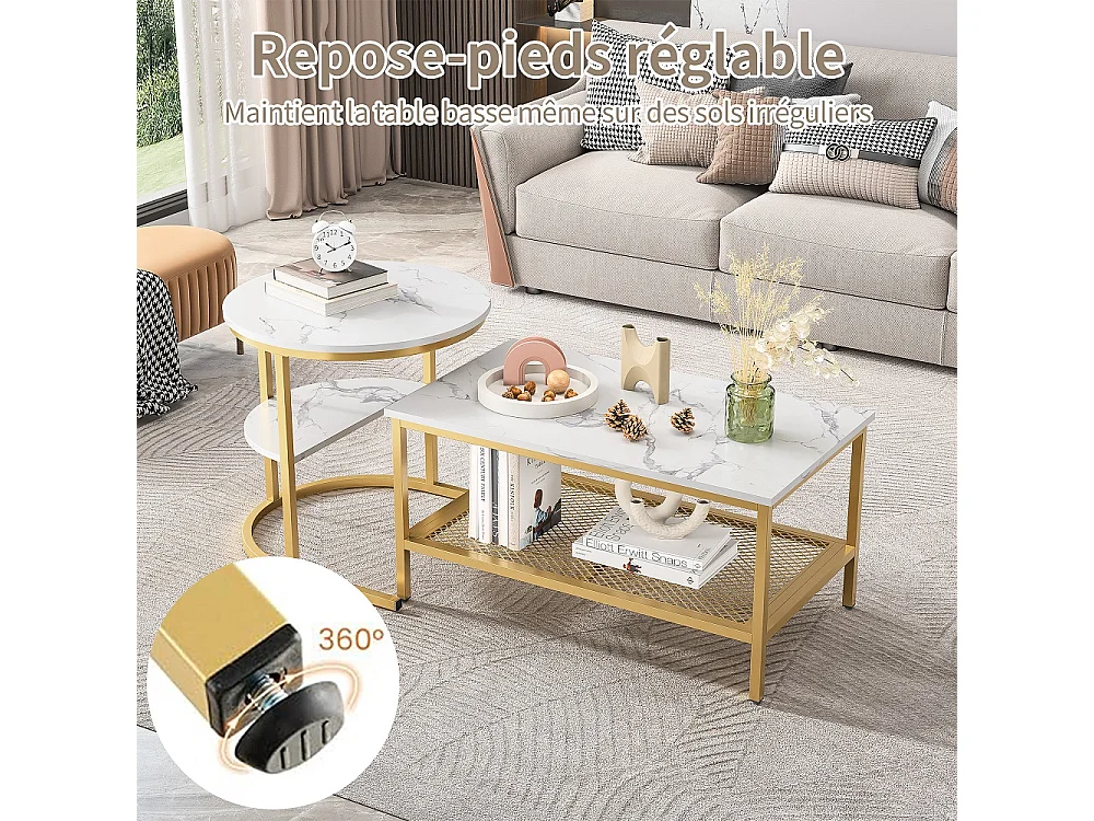 Table latérale 2 en 1 - Top en marbre blanc - avec cadre en métal et étagère d'espace de stockage - or