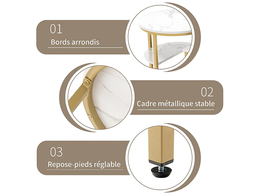 Table latérale 2 en 1 - Top en marbre blanc - avec cadre en métal et étagère d'espace de stockage - or