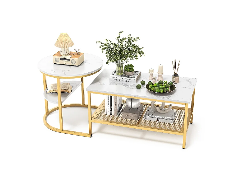 Table latérale 2 en 1 - Top en marbre blanc - avec cadre en métal et étagère d'espace de stockage - or