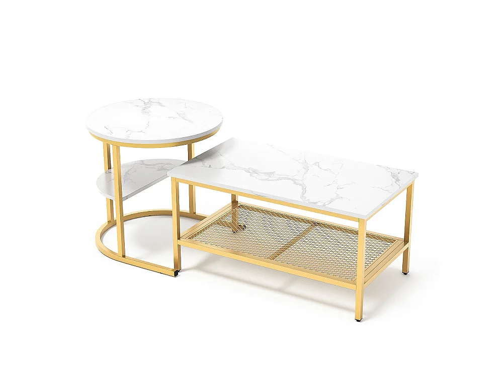 Table latérale 2 en 1 - Top en marbre blanc - avec cadre en métal et étagère d'espace de stockage - or