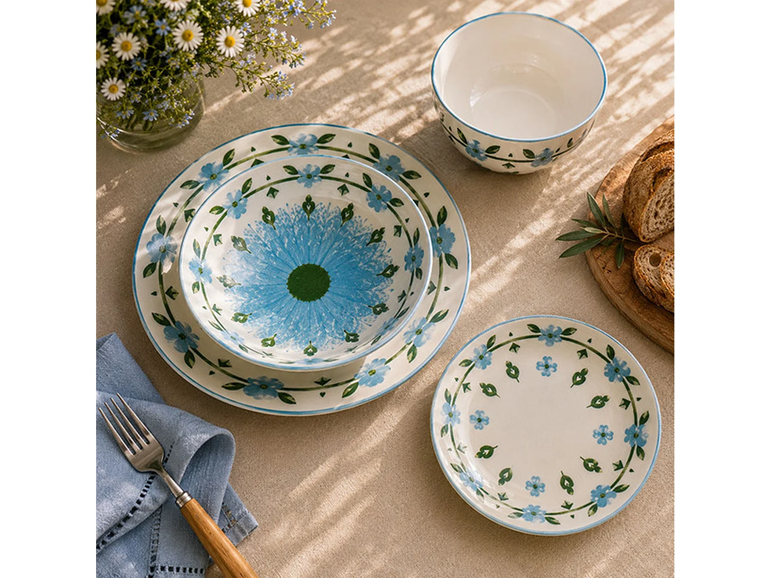 Novastyl - Lot 6 Assiettes Plates Primavera 27cm En Porcelaine Bleu Et Blanc