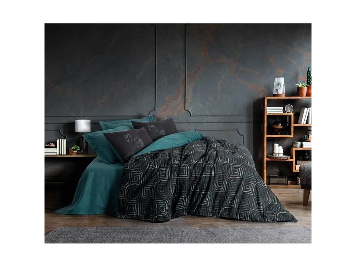 Parure de lit 220 x 240 cm en coton ranforcé - Bleu pétrole, 1 housse de couette + 2 taies 60 x 60 cm