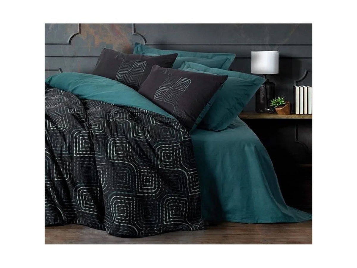 Parure de lit 220 x 240 cm en coton ranforcé - Bleu pétrole, 1 housse de couette + 2 taies 60 x 60 cm