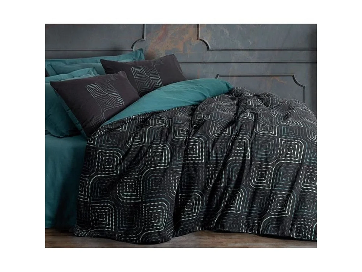 Parure de lit 220 x 240 cm en coton ranforcé - Bleu pétrole, 1 housse de couette + 2 taies 60 x 60 cm