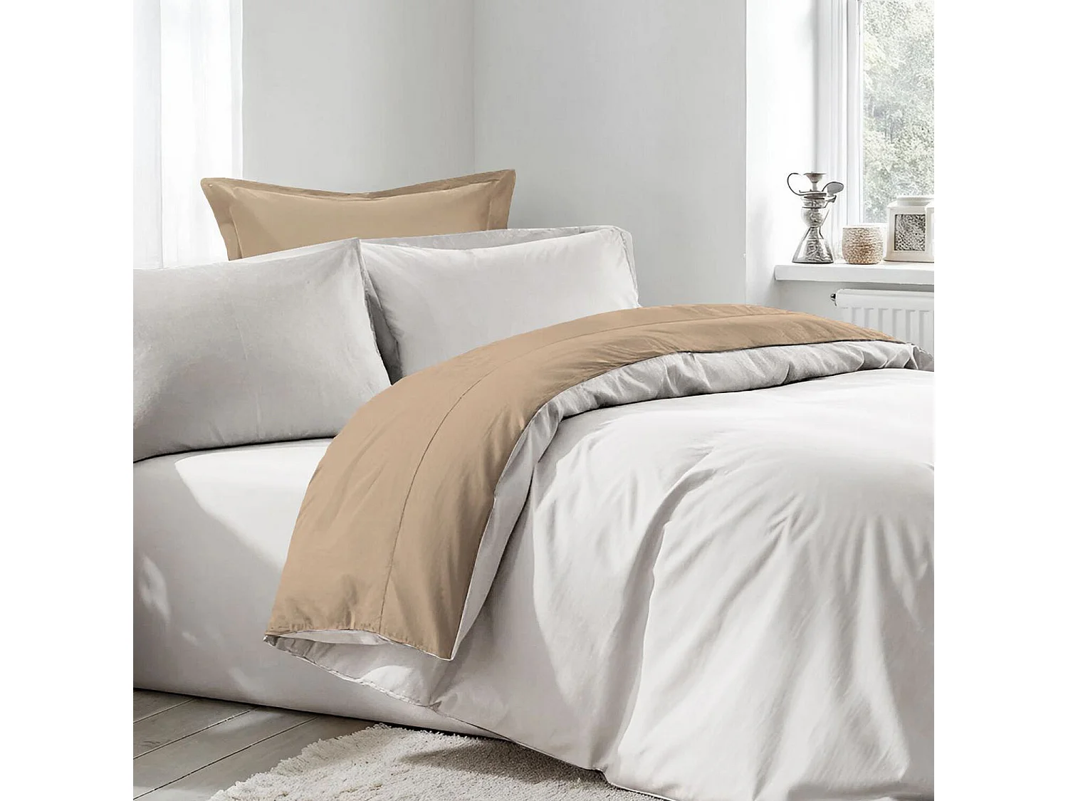 Parure housse de couette White Coton bicolore Beige