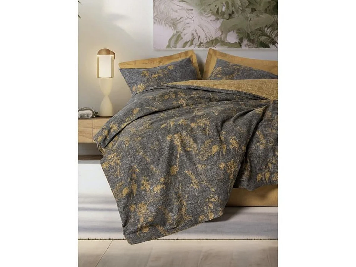 Parure de couette 220 x 240 cm en ranforce de coton 100% - Moutarde (avec 2 taies 60 x 60 cm)