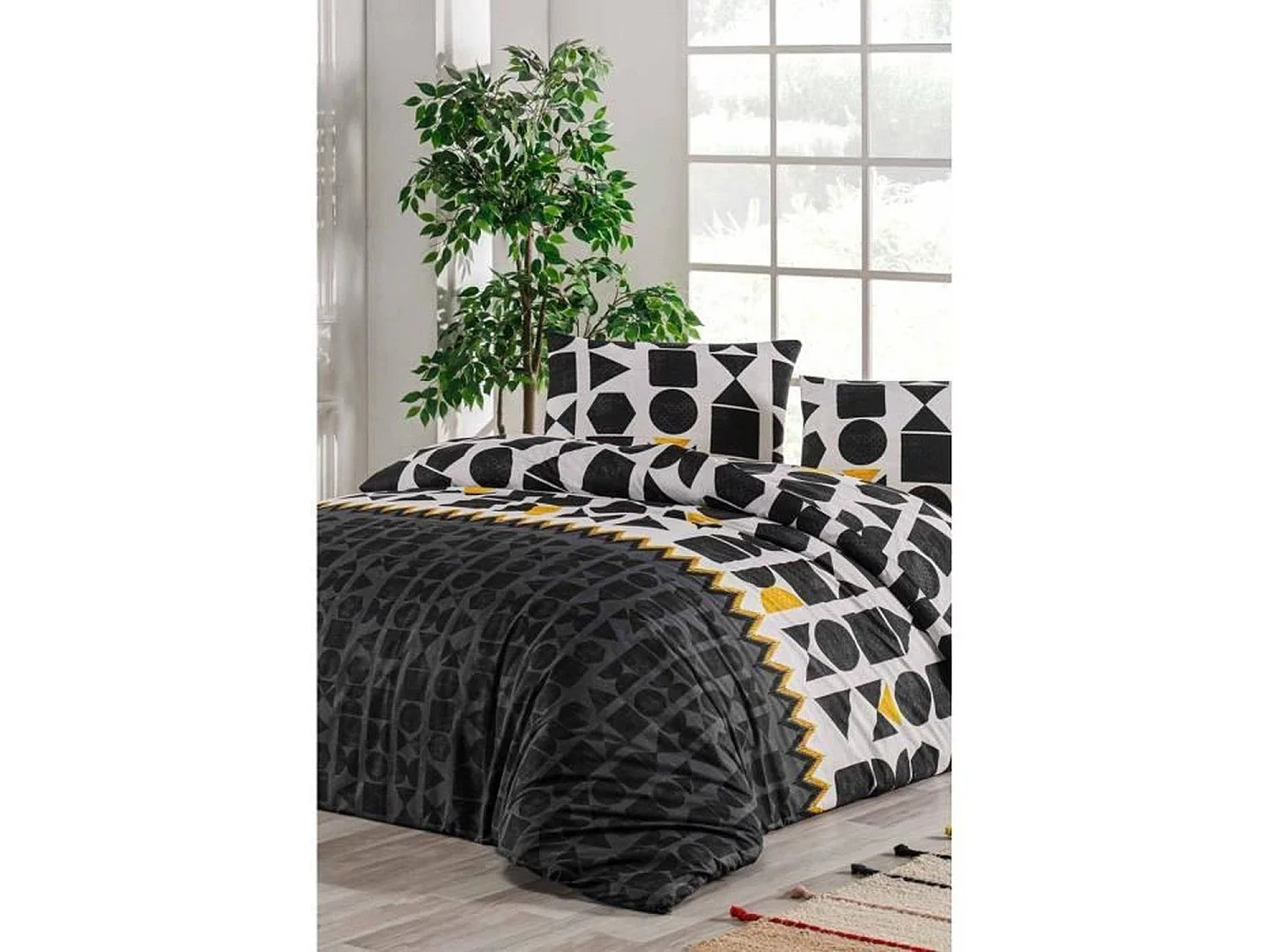 Parure de lit - housse de couette 220 x 240 + 2 taies d'oreiller 60 x 60 coton renforcé - Noir