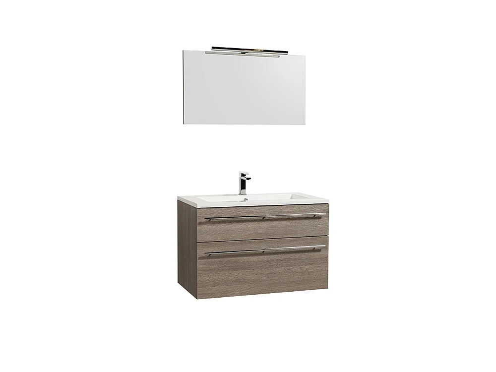 Meuble sous-vasque 90cm + vasque + miroir + éclairage MAIA / Décor Chêne clair grisé