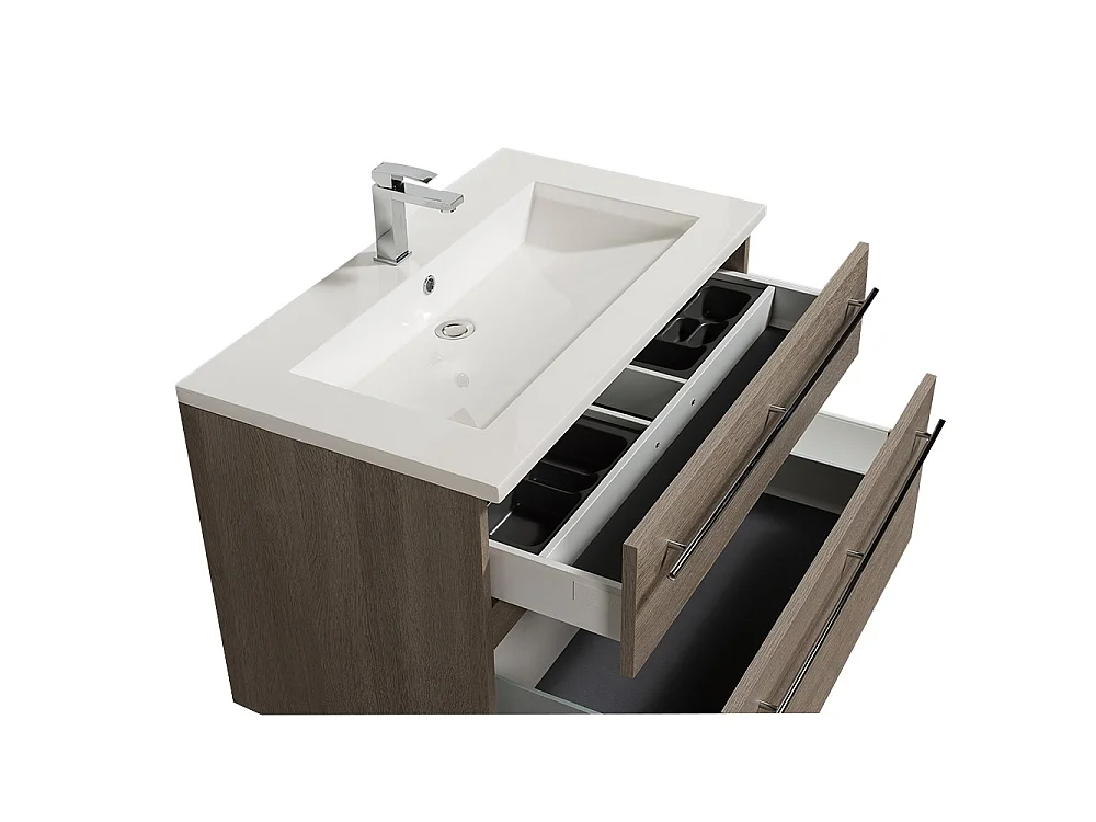 Meuble sous-vasque 90cm + vasque + miroir + éclairage MAIA / Décor Chêne clair grisé