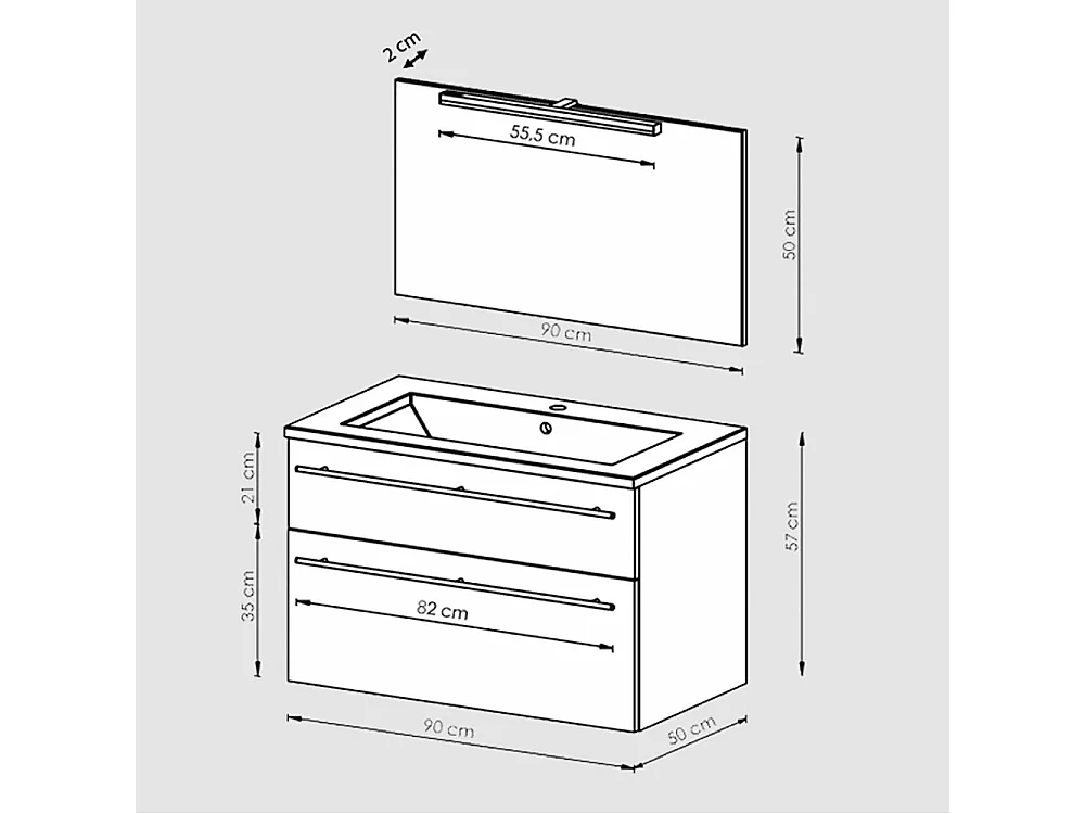 Meuble sous-vasque 90cm + vasque + miroir + éclairage MAIA / Décor Chêne clair grisé