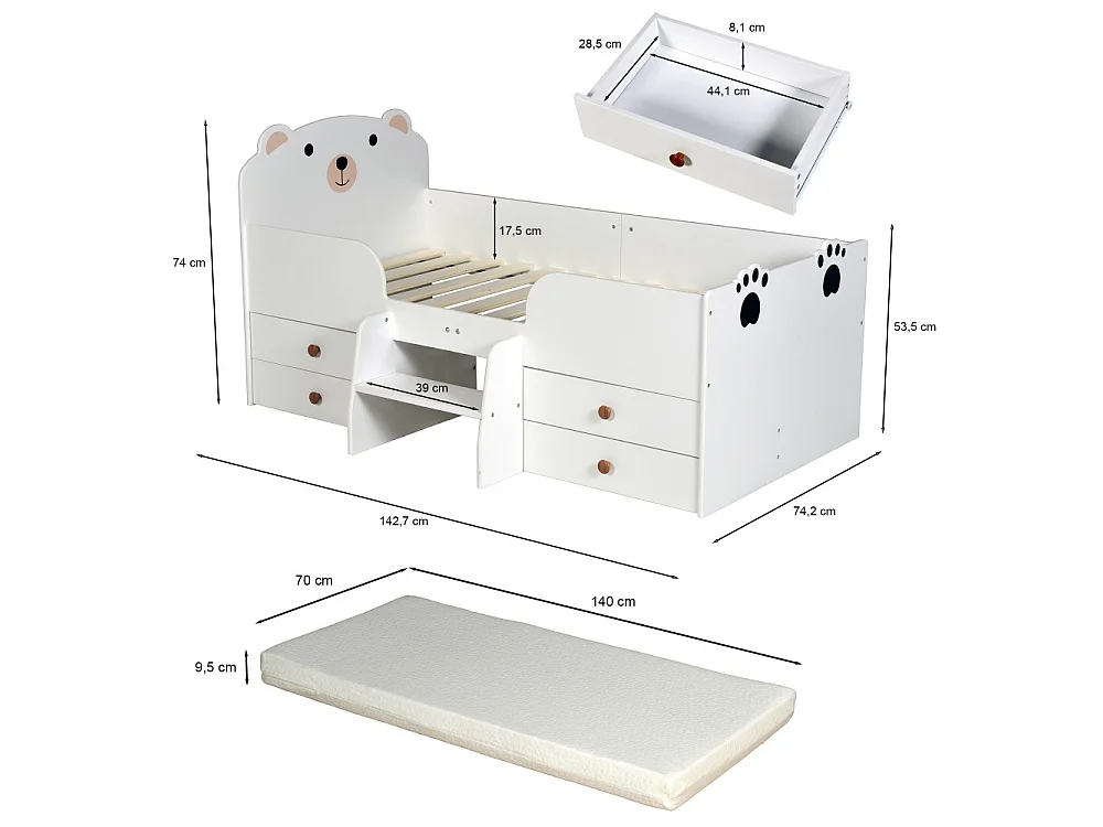 Lit 70x140 LILA avec 4 tiroirs et Matelas / Blanc