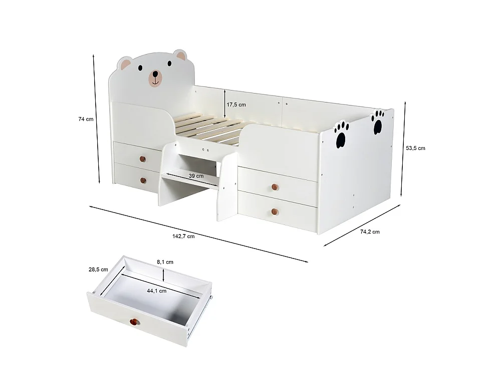 Lit 70x140 LILA avec 4 tiroirs et sommier / Blanc