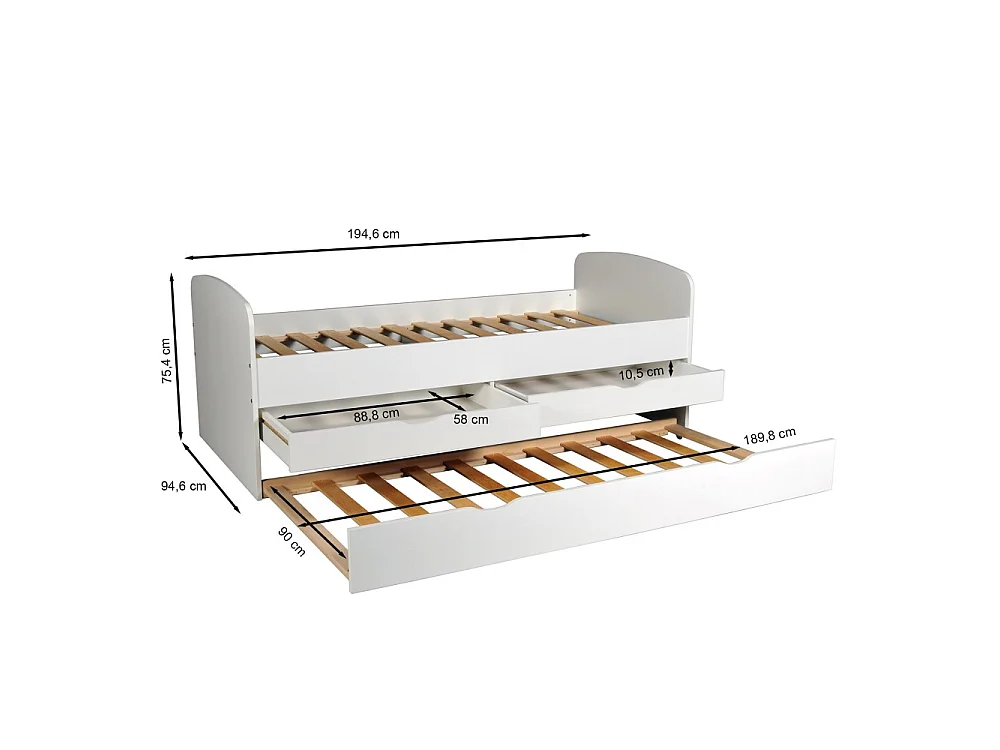 Lit Banquette FLORA 90x190 cm + 2 tiroirs + tiroir-lit/ Blanc