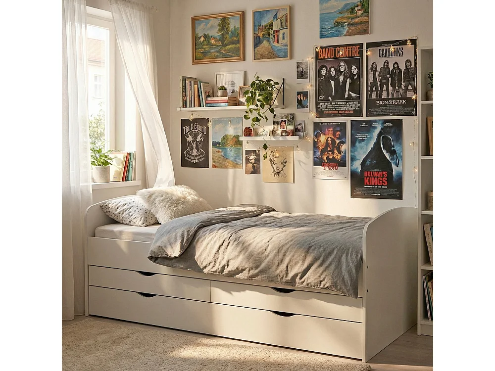 Lit Banquette FLORA 90x190 cm + 2 tiroirs + tiroir-lit/ Blanc
