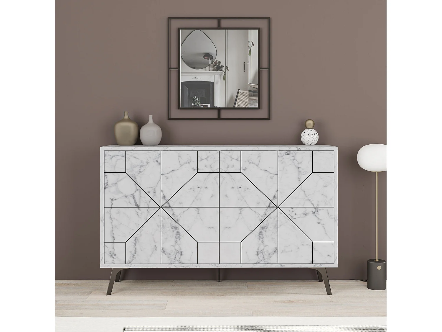 "Dune" Träsideskåp - Modern Design - Marmorerat Vitt - 123 x 35 x 62 cm