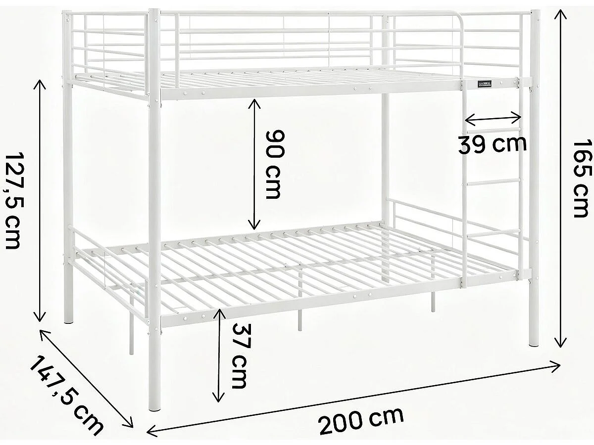 Lit double superposé avec sommier inclus "Adam" - 140 x 190 cm - Blanc