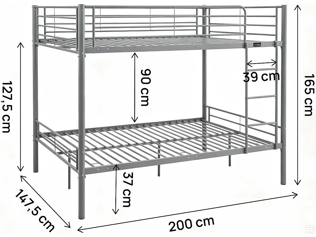 Lit double superposé avec sommier inclus "Adam" - 140 x 190 cm - Gris
