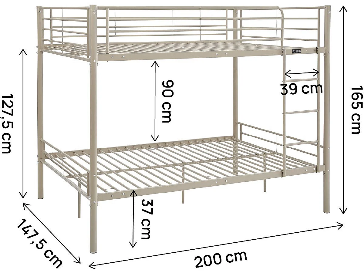 Lit double superposé avec sommier inclus "Adam" - 140 x 190 cm - Taupe