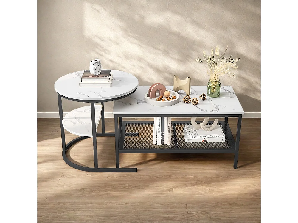 Tables à café en marbre blanc - 2pcs avec cadre métallique et étagère de stockage