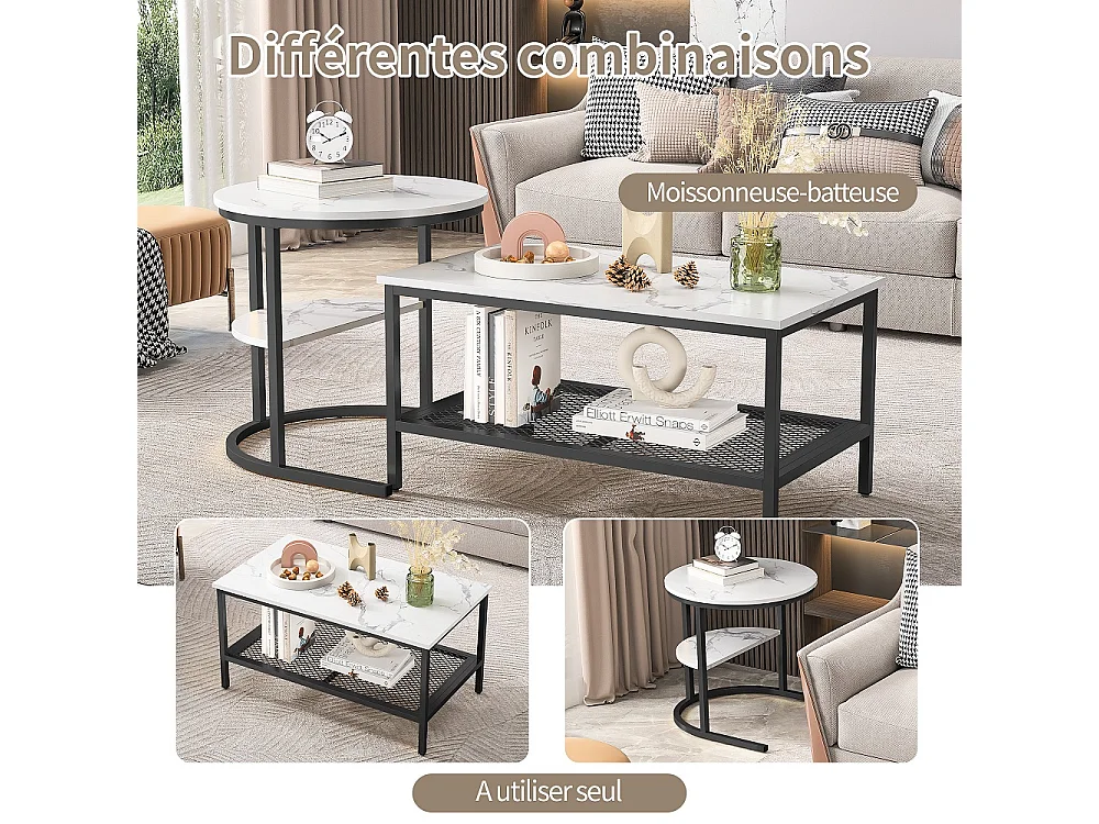 Tables à café en marbre blanc - 2pcs avec cadre métallique et étagère de stockage