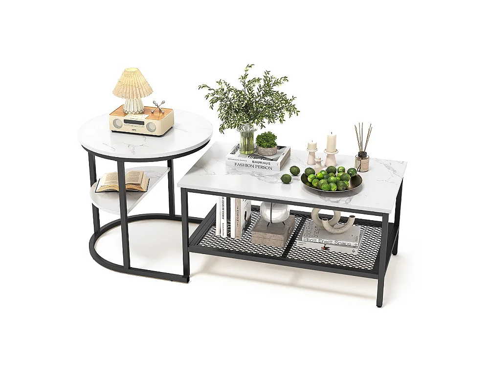 Tables à café en marbre blanc - 2pcs avec cadre métallique et étagère de stockage