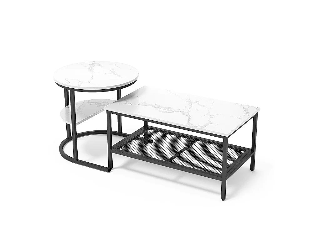 Tables à café en marbre blanc - 2pcs avec cadre métallique et étagère de stockage