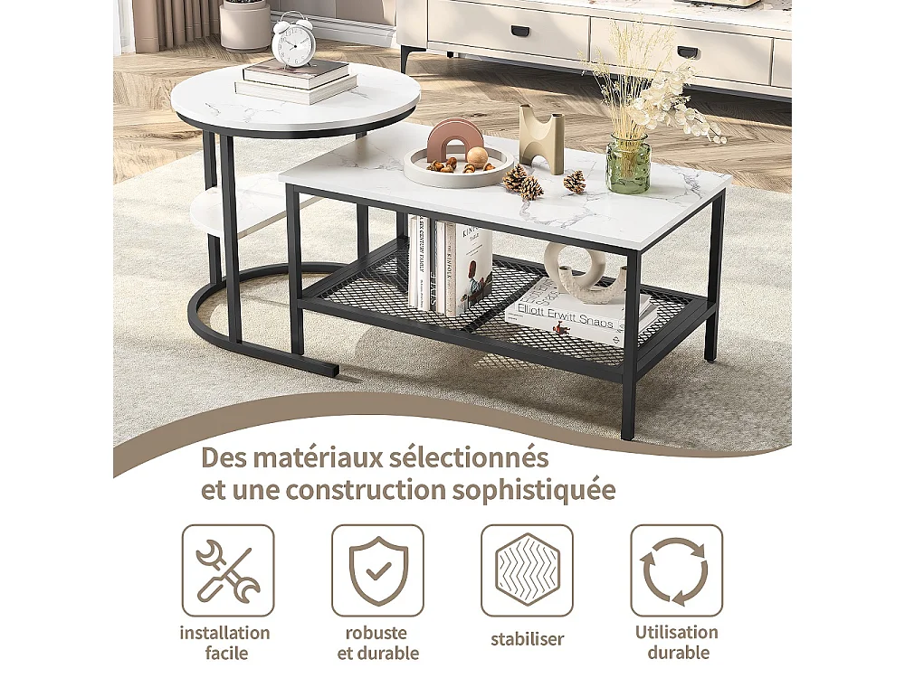 Tables à café en marbre blanc - 2pcs avec cadre métallique et étagère de stockage