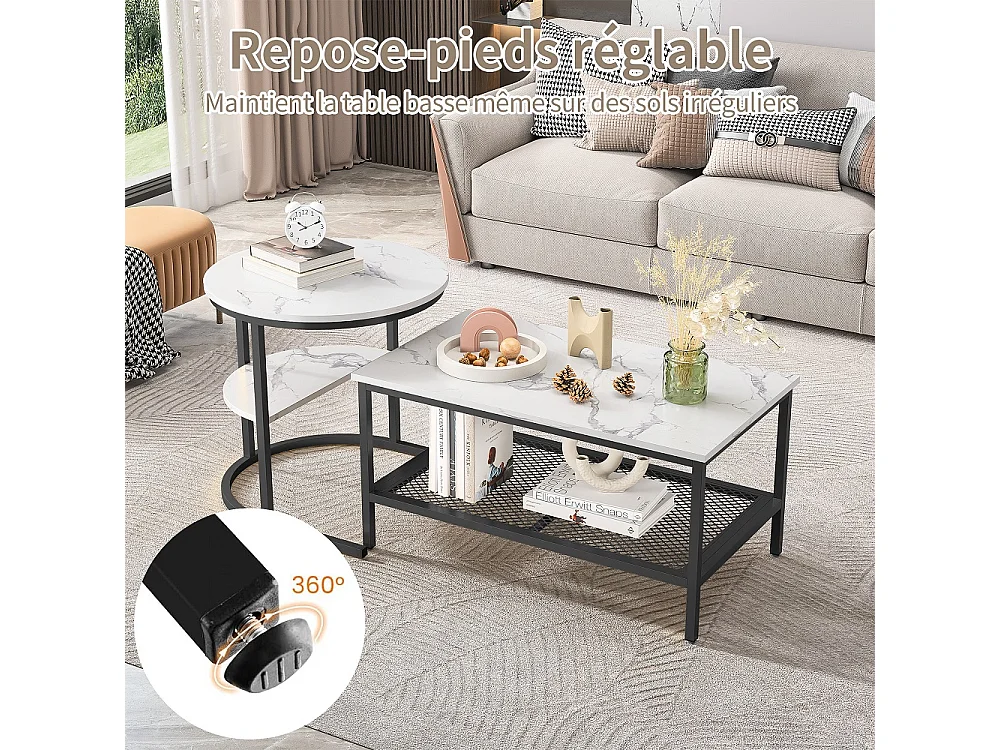 Tables à café en marbre blanc - 2pcs avec cadre métallique et étagère de stockage