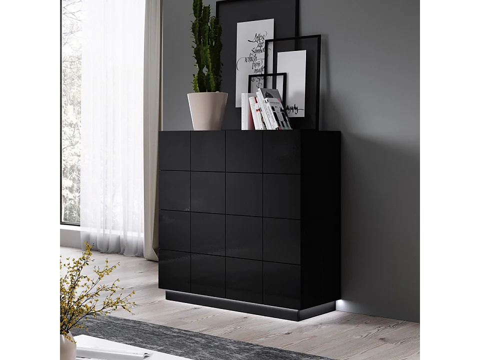 Commode design noir brillant + LED Flow - blanc