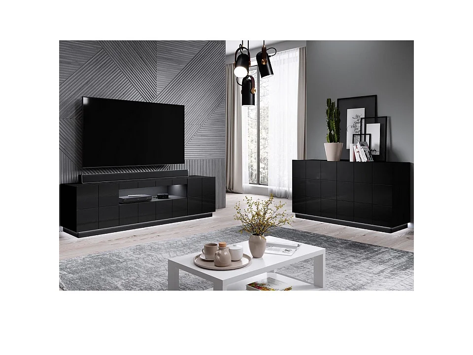 Commode design noir brillant + LED Flow - blanc