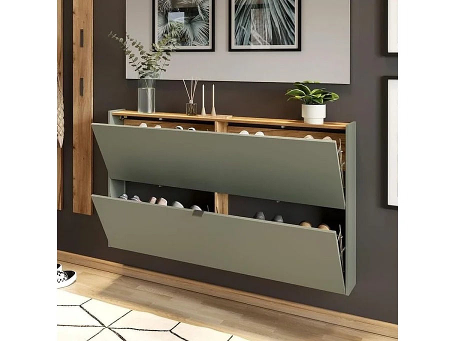 Meuble à chaussures suspendu vert sauge et bois 140cm Judy