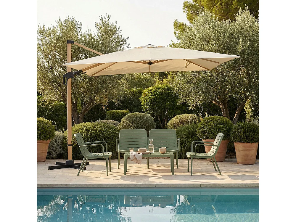 Veya - Parasol rectangulaire déporté en aluminium et effet bois 3x4m - Beige