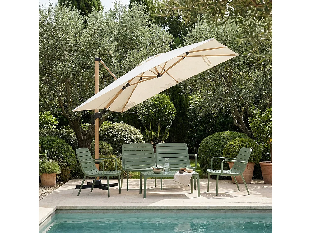 Veya - Parasol rectangulaire déporté en aluminium et effet bois 3x4m - Beige