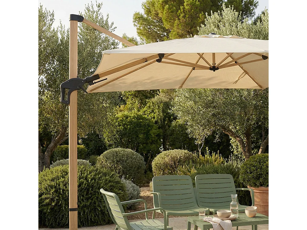 Veya - Parasol rectangulaire déporté en aluminium et effet bois 3x4m - Beige