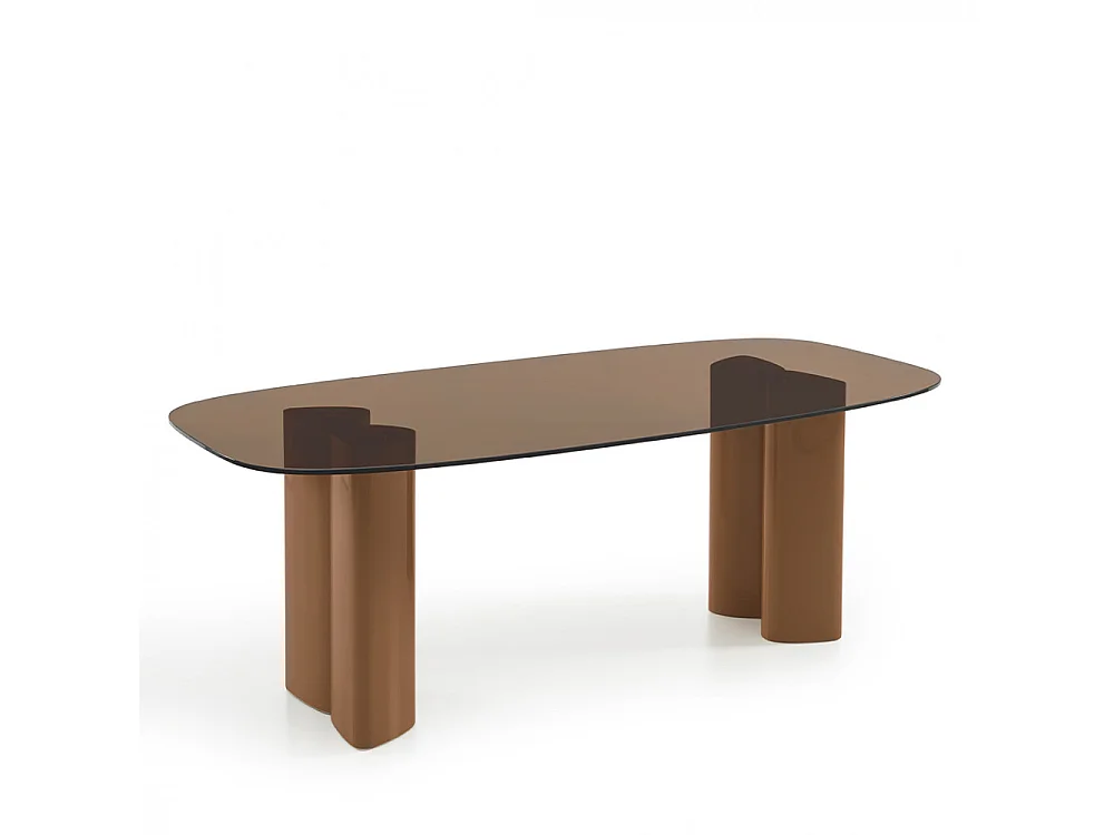 Alty - Table à manger 8 personnes en verre et pieds bois terracotta - Verre ambré