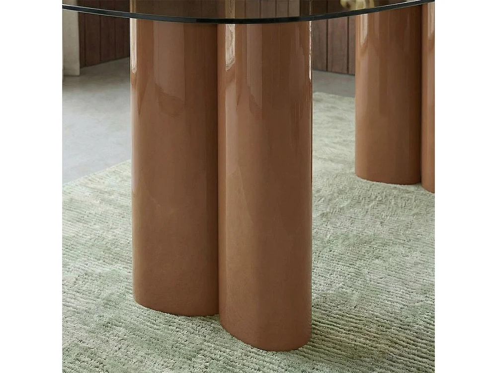 Alty - Table à manger 8 personnes en verre et pieds bois terracotta - Verre ambré