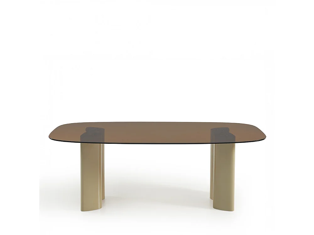 Alty - Table à manger 8 personnes en verre et pieds bois vert - Verre ambré