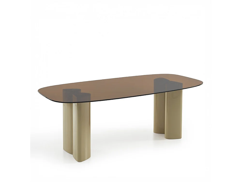 Alty - Table à manger 8 personnes en verre et pieds bois vert - Verre ambré