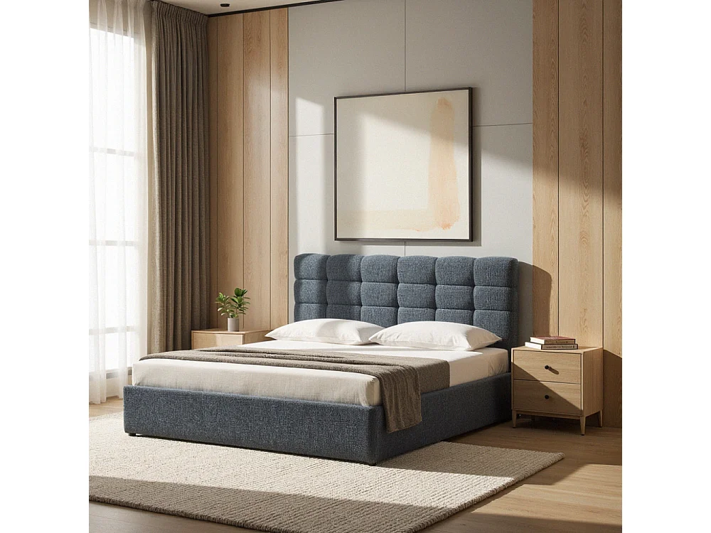 Acara - Lit coffre matelassé en tissu 160x200cm - Bleu chiné