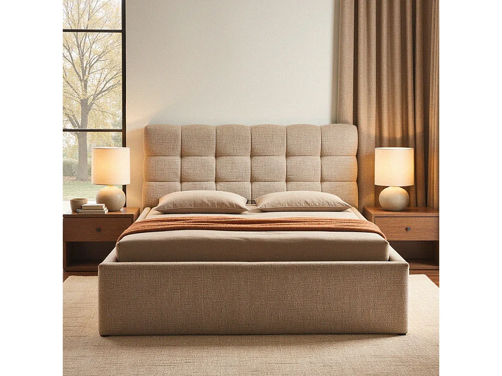 Acara - Lit coffre matelassé en tissu 160x200cm - Beige chiné