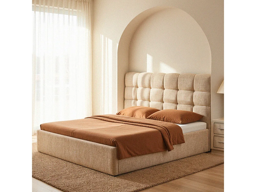 Acara - Lit coffre matelassé en tissu 160x200cm - Beige chiné