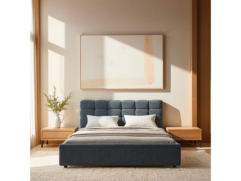 Acara - Lit coffre matelassé en tissu 140x190cm - Bleu chiné